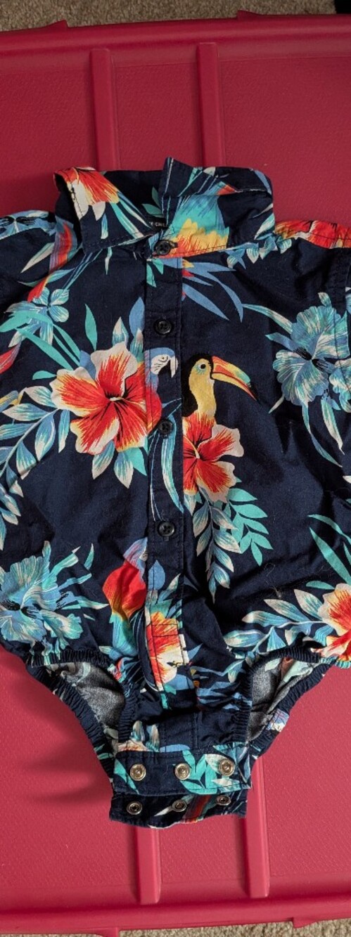 The Children's Place Navy Tropical Shirt with Aqua Leaves and Yellow Toucan